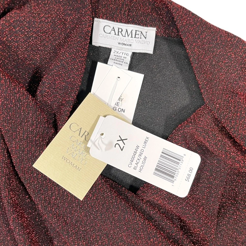 Carmen Marc Valvo 2X Red Black Lurex Cowl Neck Top Shimmer Holiday Glam Blouse - Picture 6 of 8